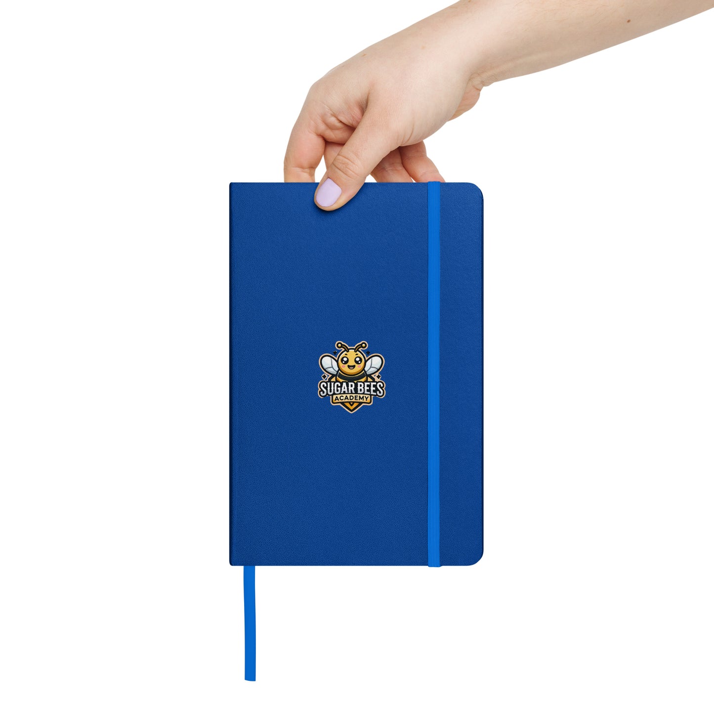 SBA hardcover notebook in blue with elastic closure and ribbon marker