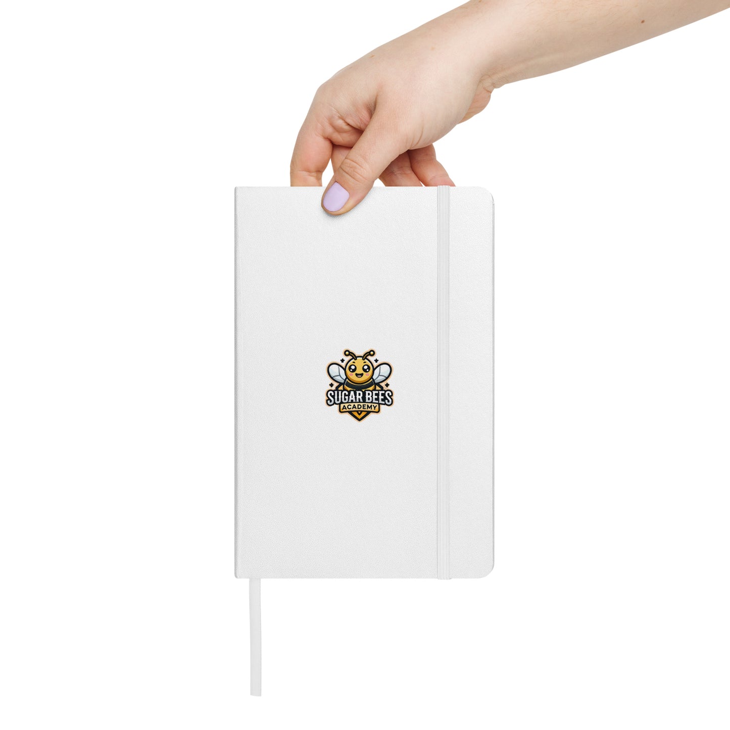 SBA hardcover notebook in white with elastic closure and ribbon marker