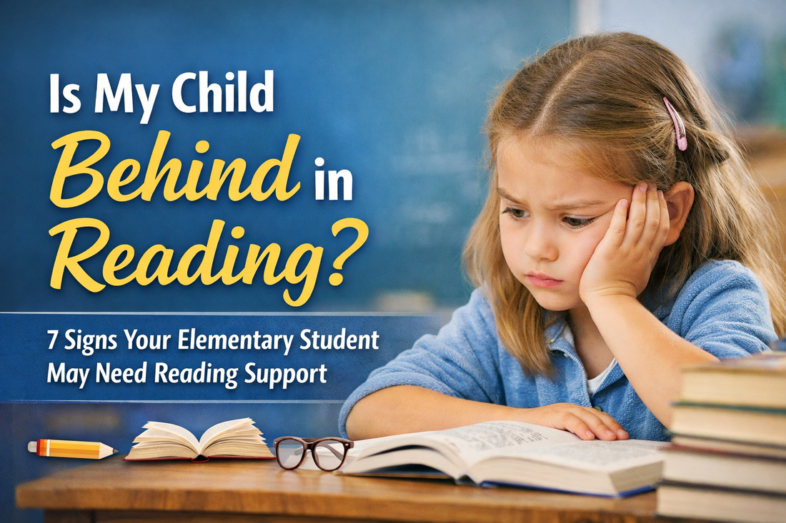 Concerned elementary student struggling to read a book at her desk
